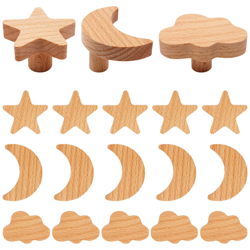 18pcs Wooden Cabinet Knobs, Star and Moon Shape Drawer Pulls Nursery Dresser Knobs Woodland Wooden Knob for Crafts Handles for Furniture Cupboard Closet Door (Moon Star Cloud) 18 Moon/Star/Cloud