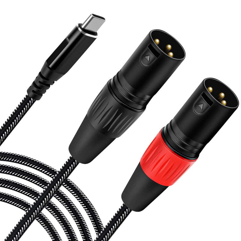 USB C to Dual XLR Male Audio Cable, 6.6FT USB C to 2 Male XLR Stereo Power Amplifier Cable for Mobile Phone USB C Connection Active Speaker, Black Braided USB C to Dual XLR Male