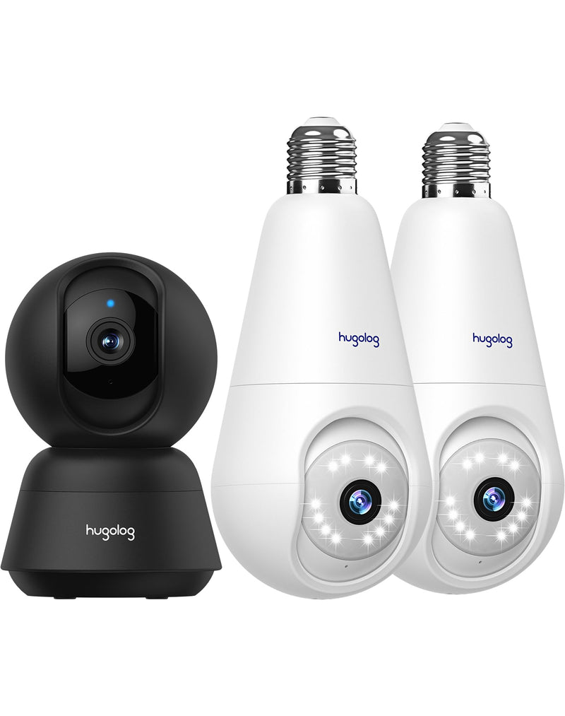 Hugolog 3K Indoor Camera+2K Light Bulb Security Cameras Wireless Outdoor - 2.4GHz Cameras for Home Security Indoor with AI Motion Detection,Starlight Color Night Vision, 360°Auto Tracking