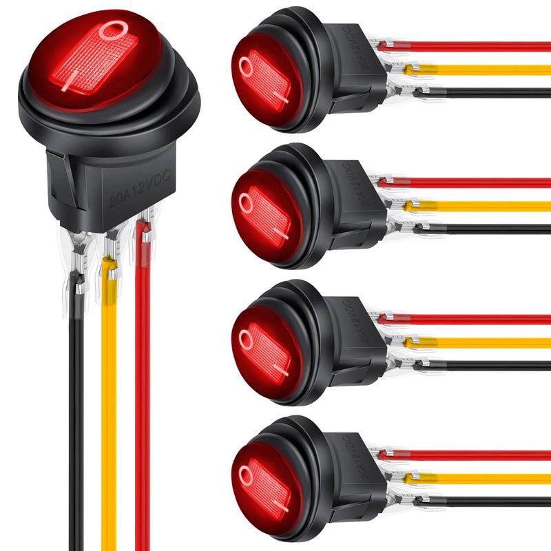 Nilight 5Pcs Waterproof Round Rocker Toggle Red LED Switch 12V 20A 3 Pin ON Off SPST for Car Truck Boat Marine Automotive RV with Locked Terminal Wires 5Pcs Red