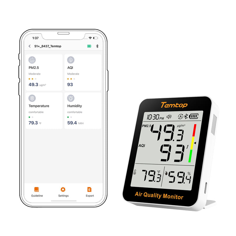 Temtop Smart Air Quality Monitor with Indoor Thermometer & Thermo-Hygrometer – PM2.5, AQI, Temperature and Humidity Detector for Home, Office, Nursery, School, App Connectivity, 60-Day Battery Life 2 Modes/Extended Standby/APP 1