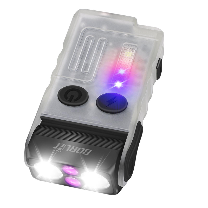 Boruit V20 Small Powerful Flashlight Super Bright with 365nm UV, Red Blue Green Warm Light, 180° Swivels, 110dB Buzzer, Mini Keychain Pocket Rechargeable LED Flashlights Usb EDC Clip Flash Light White Fluorescent UV light version