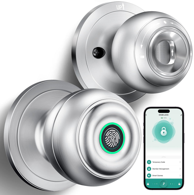 KLLOQUE Fingerprint Door Lock, Smart Fingerprint Door Knob with Lock, Biometric Door Locks with App Control & Key, Keyless Thumbprint Entry Door Locks for Bedroom, Front Door, Home, Apartment-Silver With App-Silver
