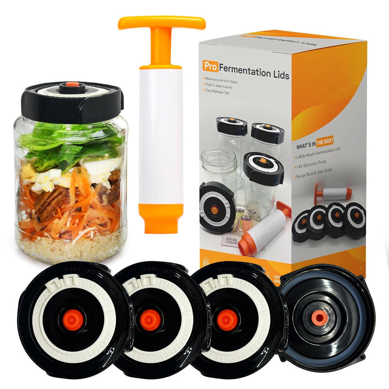 Home Fermentation Kit With 4 Wide Mouth Fermenting Lids With Airlocks, Oxygen Extraction Pump, Ideal For Sauerkraut, Kimchi, Pickles & Fermented Vegetable black