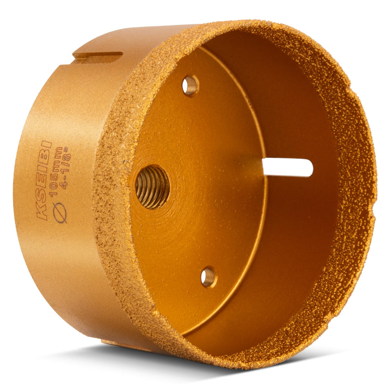 KSEIBI 615305 Diamond Hole Saw, 4-1/8 Inch (105mm) Diamond Core Drill Bit for Porcelain, Ceramic, Granite Drill Bits, Brick, Marble, Dry Cutting, 2" Drilling Depth, 5/8"-11 Thread, for Angle Grinder 4-1/8” (105MM) Vacum Brazed