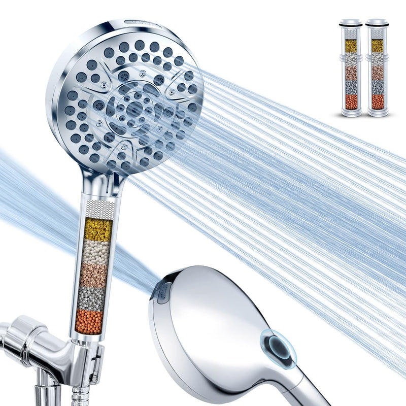 PALAS Filtered Shower Head with Handheld, High Pressure 10-Mode with Filters, Built-in Power Wash, soften hard water Remove Chlorine, Reinforced Hose, Overhead Bracket, Anti-clog nozzle (Chrome) Chrome