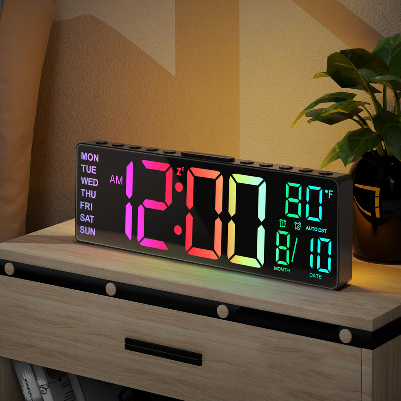 JALL 10.5'' Digital Large Alarm Clock with 8-in-1 RGB Colors, Date, Month, Temperature LED, Auto DST, Modern for Desk, Wall, Living Room, Bedroom, Birthday Xmas Gift (Black, 10.5 inches) Black