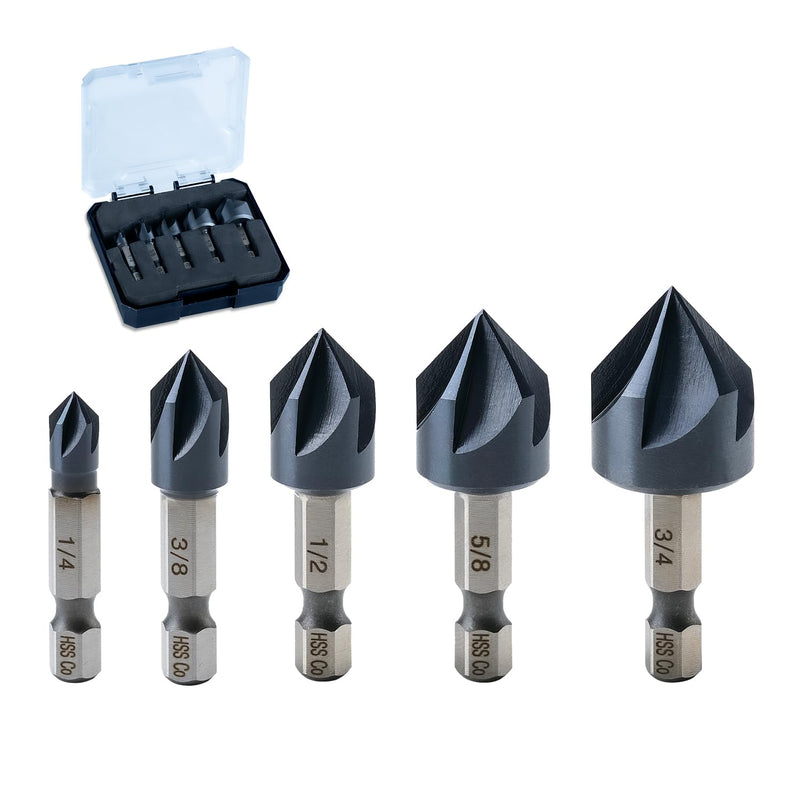 toolant Noir-Ti Cobalt Countersink Drill Bit Set(Pro), Titanium Aluminum Nitride Coated with Quick Change Hex Shank, 5-Piece 1/4" - 3/4" 1/4 - 3/4 in, 5 Pieces