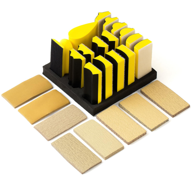 56 PCS Hand Sanding Block Set Include 16 PCS Contoured Profile Sander Block and 40 Sheet Sandpaper Interchangeable Assorted Convex & Concave Shapes Used for Woodworking Furniture, Auto Paint 16 PCS Block + 40 PCS Sandpaper