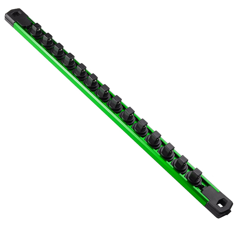 Magnetic Socket Organizer, 1-Piece Heavty Duty Aluminum Socket Holder, Socket Rail for Tool Box, Premium Quality 360° Swivel Socket Rack with 14 Clips for 3/8-Inch(Green) 3/8-Inch Drive Green