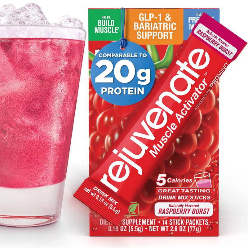 Rejuvenate, Perfect Amino Acid Blend, 1 Stick = 20g Whey Protein, 5 Calories, Vegan Friendly EAA + BCAA for Muscle Growth, Strength & Energy, GLP-1 & Bariatric Support, No Bloat, No Sugar Raspberry Burst 0.19 Ounce (Pack of 14)