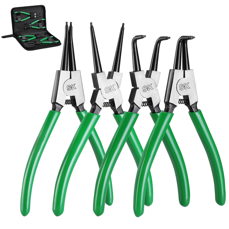 SK 4-Piece Snap Ring Pliers Set, 7-Inch Internal/External Circlip Pliers with Straight/Bent Jaw, 0.07'' Tip Diameter, Premium CR-V Steel, with Zipper Pouch 4-Piece Set