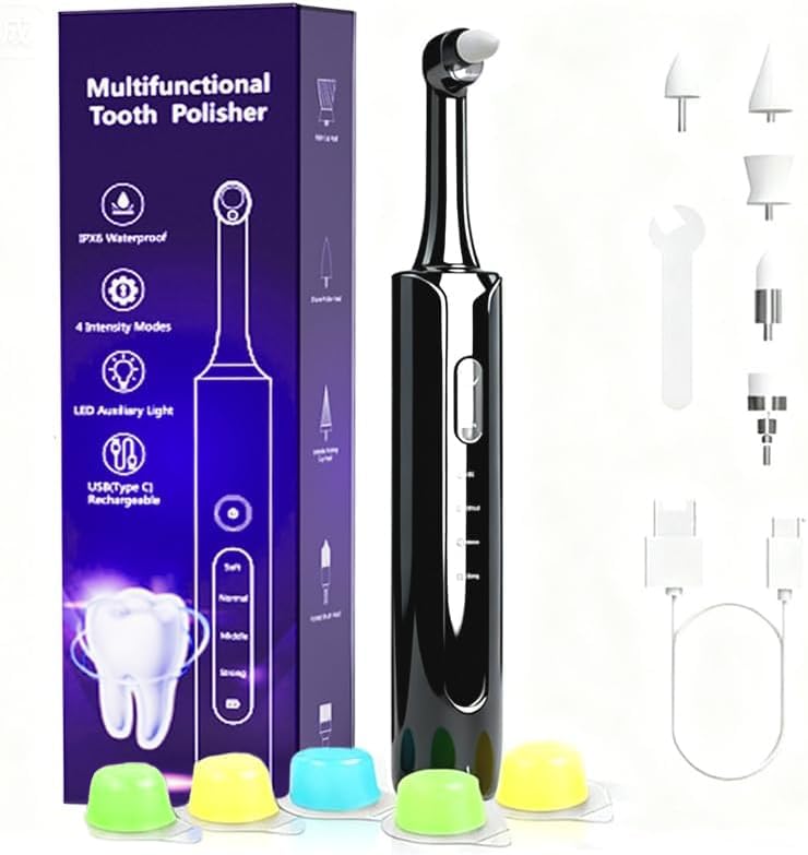 Electric Tooth Polisher, Plaque Remover for Teeth Whitening, Teeth Polishing Kits 4 Speed Modes，Rechargeable Dental Polisher for Cleaning, Waterproof Tooth Polish Tools with 5 Brush Heads& LED Light