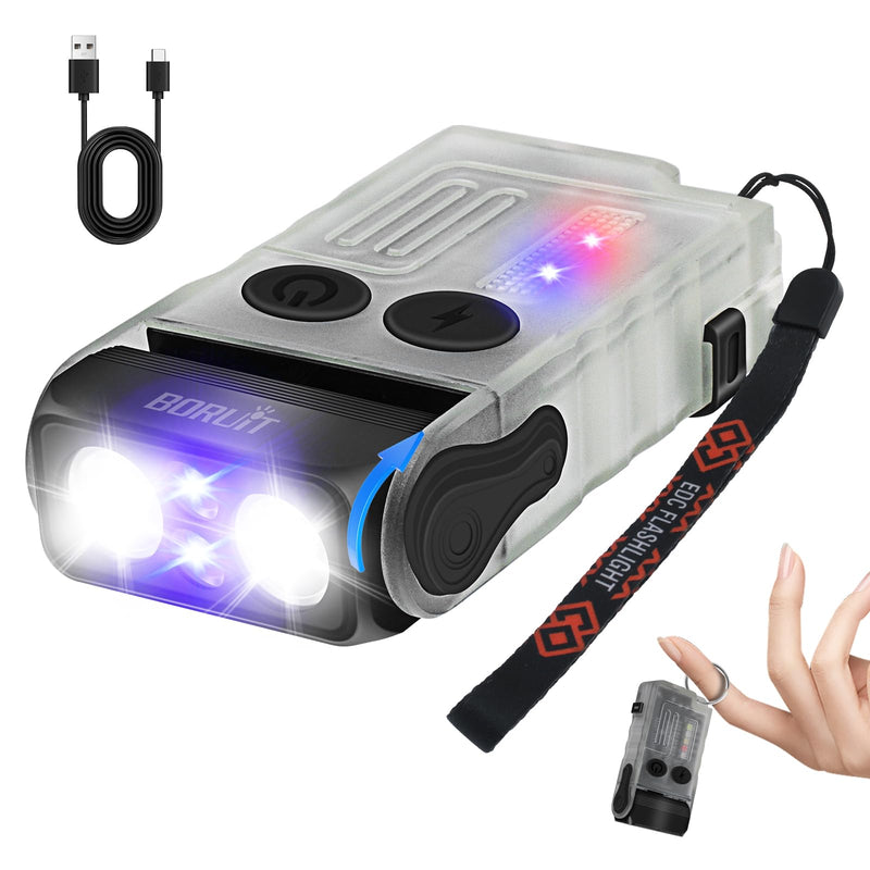 BORUIT Small Powerful EDC Flashlight, Super Bright USB C Rechargeable Pocket Keychain Flash Light with Clip,365nm UV,180°Head Swivels 110dB Buzzer, 13 Modes Magnetic COB Light for Camping, Emergency White Green Red Blue UV UV light version