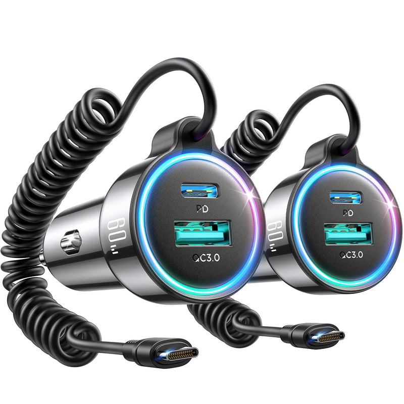 2-Pack 60W Fast Car Charger USB C, PD &QC3.0 with 5ft 30W Type C Coiled Cable, Car iPhone Charger Adapter Cigarette Lighter for iPhone 16/15 Pro Max Plus, Samsung S24/S23, Andriod/Pixel/iPad