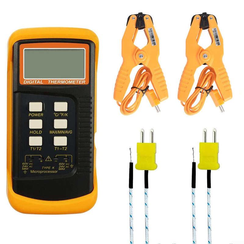 K Type Thermocouple Thermometer(-50~1300°C) Digital Dual Channel 2 Thermometer Pipe Clamp 2 Thermocouple Sensor Probes Pipe for Temperature Clamp Thermocouple High Accuracy Readings