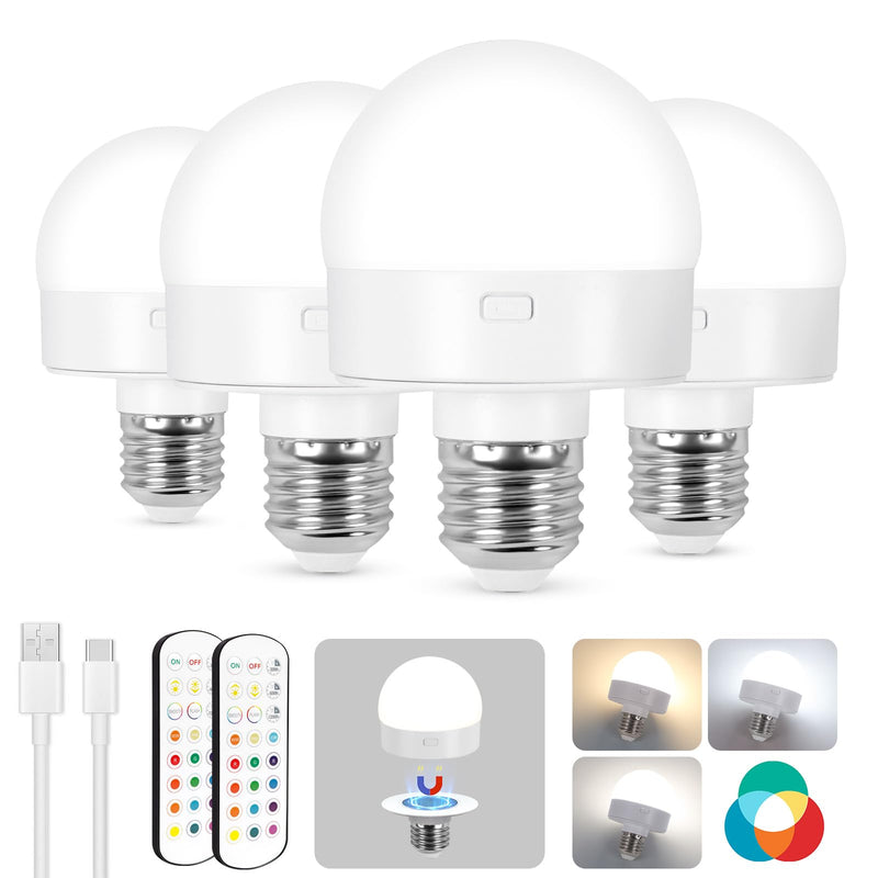 Rechargeable Battery Operated Light Bulb with Remote, Last 18-50 Hours 3000mAh Wireless LED Bulb with Timer and 15 Color Temperature, dimmable, Magnetic Puck Light for Non-Hardwired Fixture, 4 Pack White