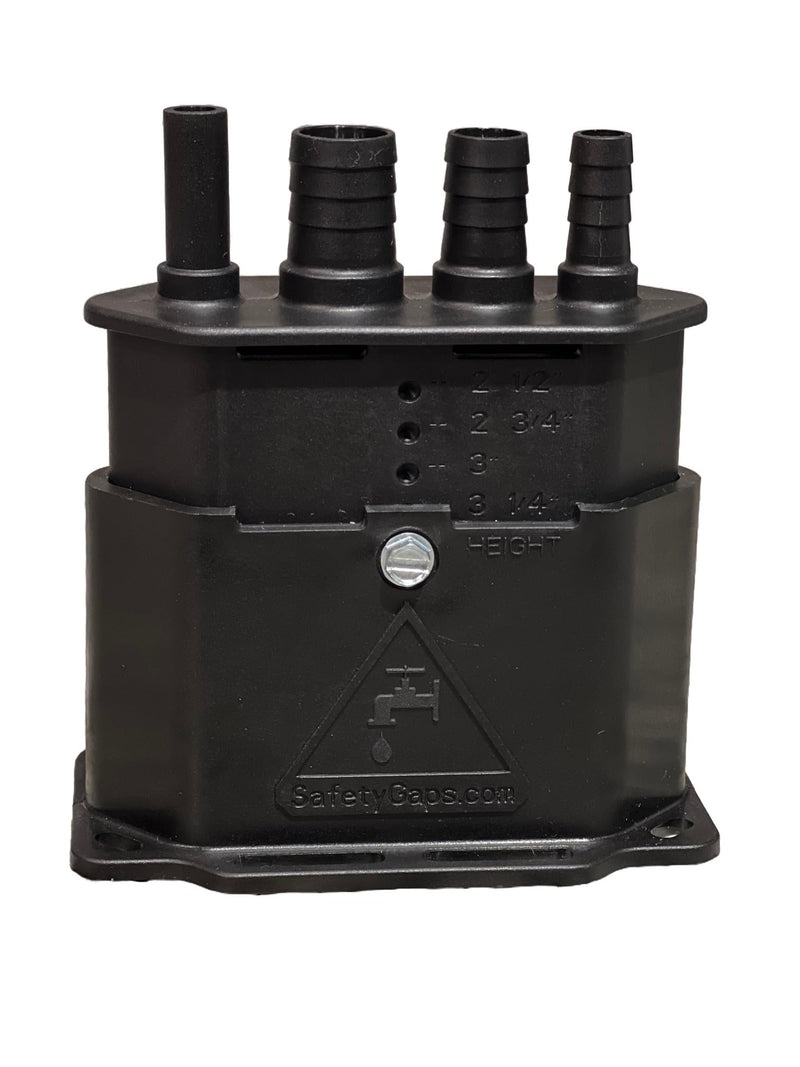 Water Softener Air Gap with 3/8", 1/2" and 5/8" Hose Inlet Ports with Adjustable Height for Floor Drain Cover (Safety Gaps Model Number: DC-225-400 Black)