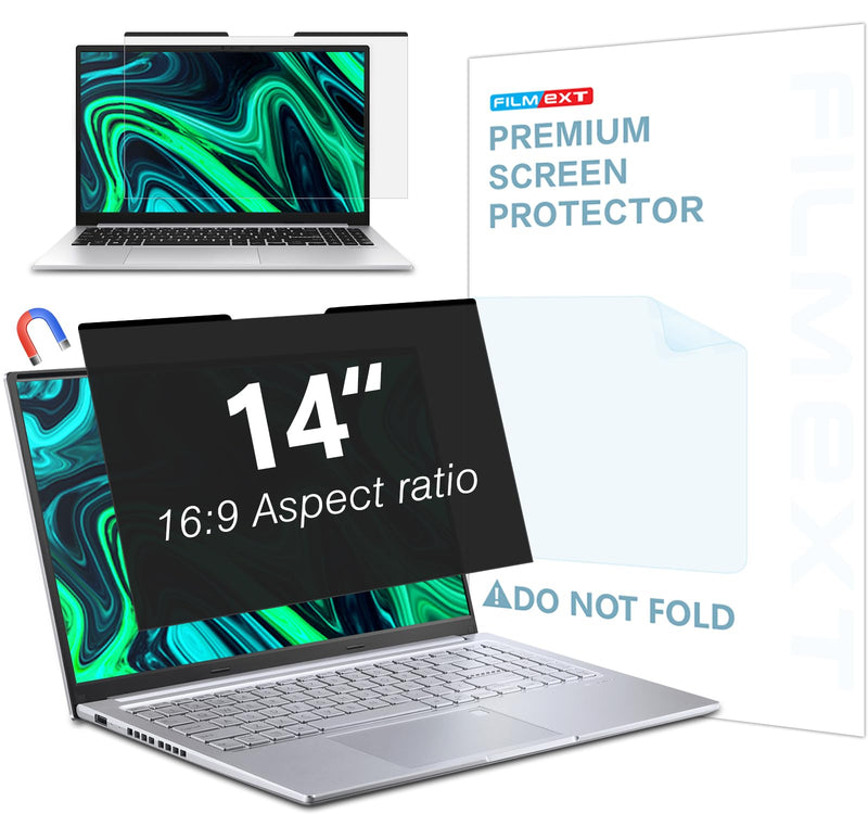 FILMEXT Magnetic Laptop privacy screen 14 inch for 16:9 Widedisplay, Removable Laptop Privacy Screen Shield Anti Glare Blue Light Filter for HP/Dell/Acer/Lenovo/Asus Black Privacy 14 inch 16:9