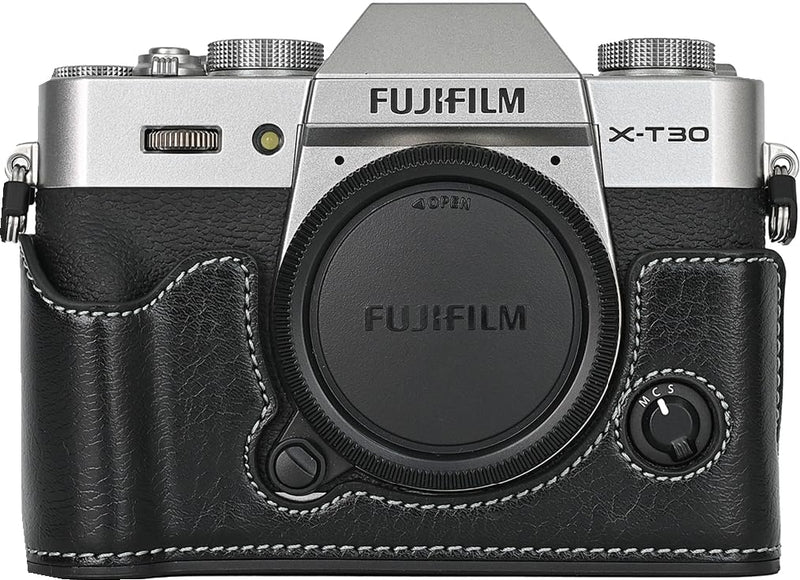X-T30 Case, BMAOLLONGB Handmade PU Leather Half Camera Case Bag Cover Bottom Opening Version for Fujifilm X-T30 XT30 with Neck Strap Mini Storage Bag (Black) Black