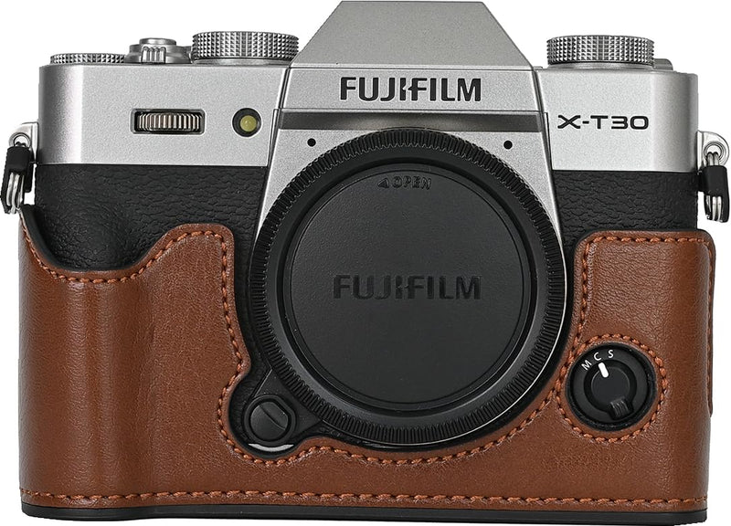 X-T30 Case, BMAOLLONGB Handmade PU Leather Half Camera Case Bag Cover Bottom Opening Version for Fujifilm X-T30 XT30 with Neck Strap Mini Storage Bag (Coffee) Coffee