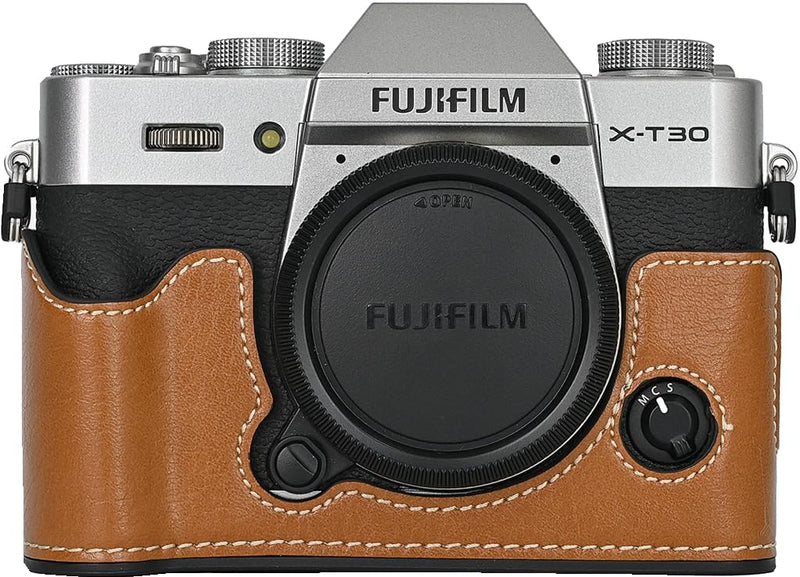 X-T30 Case, BMAOLLONGB Handmade PU Leather Half Camera Case Bag Cover Bottom Opening Version for Fujifilm X-T30 XT30 with Neck Strap Mini Storage Bag (Brown) Brown
