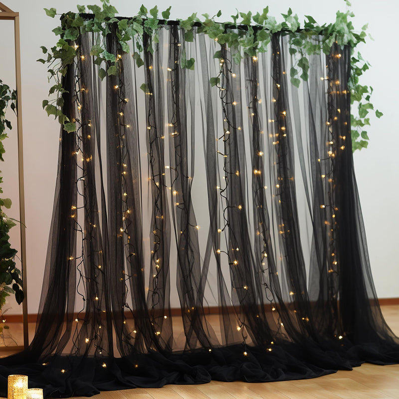 20×8ft Black Tulle Curtain Backdrop with Lights String for Parites, Sheer Backdrop Curtain Drapes for Wedding Photo Baby Shower Photography Birthday Party 20 ft X 8 ft(4 Panel-5ft X 8ft)
