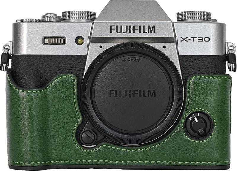 X-T30 Case, BMAOLLONGB Handmade PU Leather Half Camera Case Bag Cover Bottom Opening Version for Fujifilm X-T30 XT30 with Neck Strap Mini Storage Bag (Green) Green