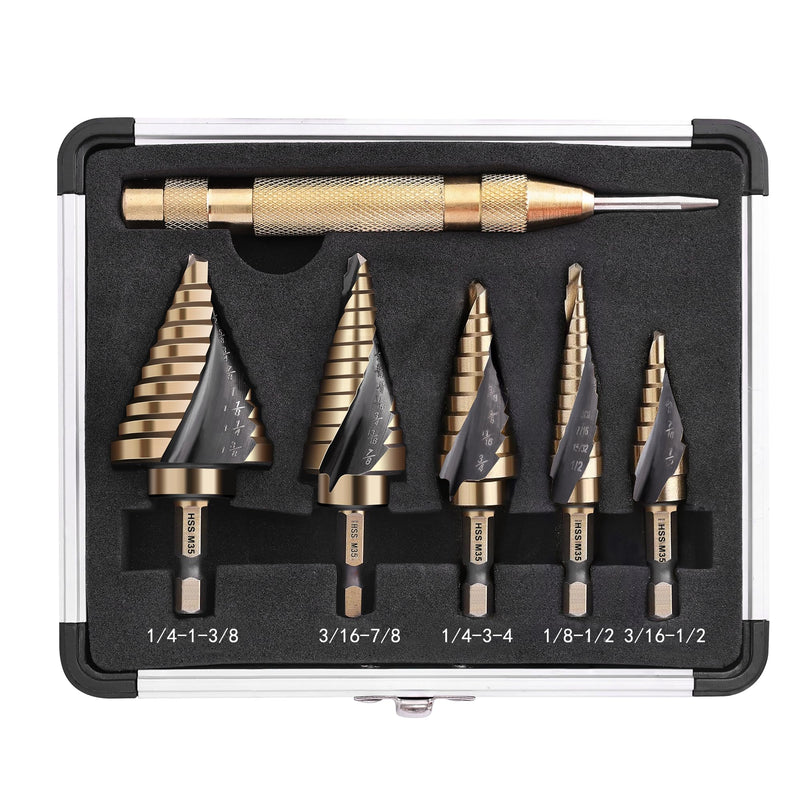 Cobalt Step Drill Bit Set, Hex Shank Step Drill Bit with Automatic Center Punch for Metal, Stainless Steel, Aluminum, Wood, and Plastic, Storage in Aluminum Case for DIY Lovers, 50 Sizes M35-6PC