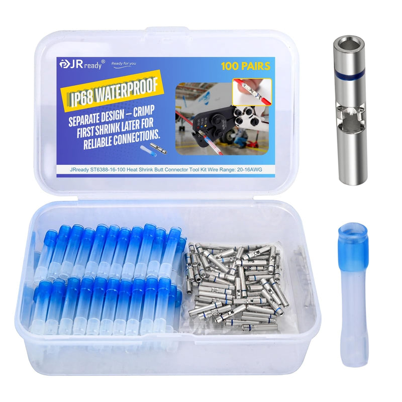 JRready 100Pairs Heat Shrink Tubing Butt Connectors IP68 Waterproof Butt Splice Miniseal Wire Connectors PE Insulation Sleeves Marine Automotive 16# 16-20AWG Tinned Copper(M81824/1-2) ST6388-16-100 16# 100 Pairs