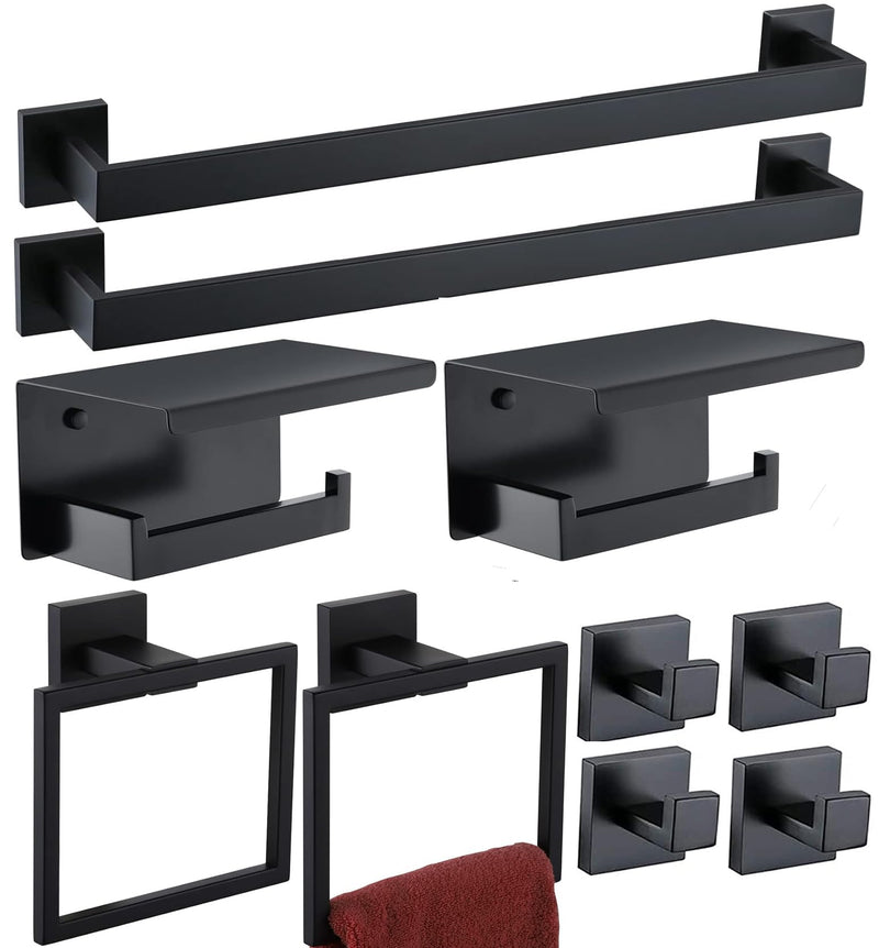 Bathroom Hardware Set Piece Matte Black Bathroom Accessories Set SUS304 Towel Bar Set Includes 2 Towel Bar 24 Inch+2 Towel Holder+2 Toilet Paper Holder+4 Towel Hooks (10, Matte Black) 10