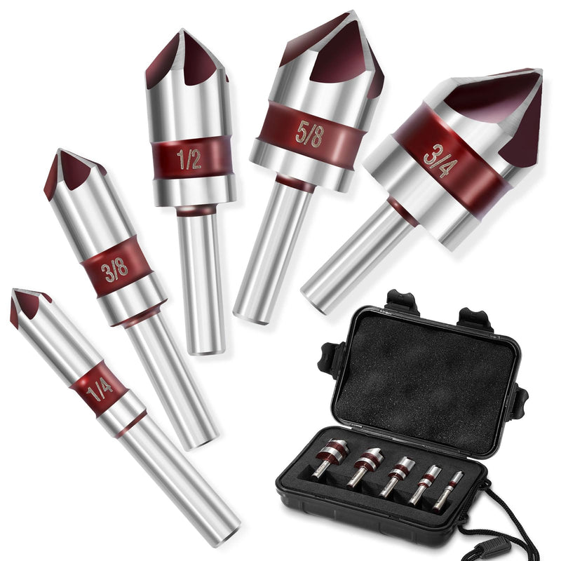 5PCS Cobalt 5-Flute Countersink Drill Bit Set - Heavy-Duty M35 82-Degree Countersink Chamfer Tool Set for Metal,Stainless Steel,Copper,Wood,Fiberboard,Plastic,SAE 3/4”,5/8”,1/2”3/8”,1/4” 5PCS