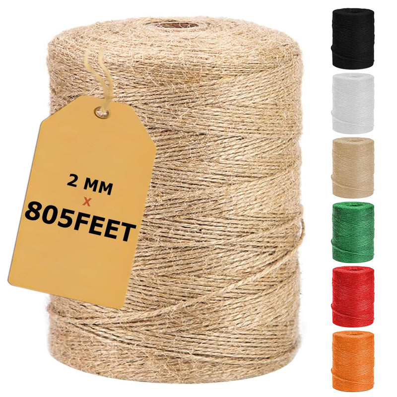 Vanhench 805FT Natural Jute Twine String, Bulk Hemp Jute Rope Cord Twine for Crafts Gardening, Gift Wrapping, Wedding Décor, Packing Material Burlap Ribbon, Christmas Knitting Macrame Decoration Brown 2mmX805ft (246m)