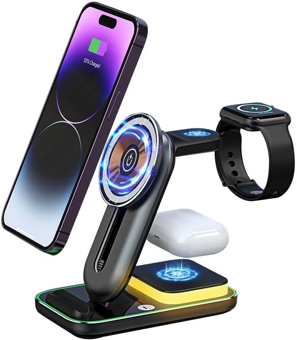 MagSafe-Compatible Wireless Charging Station: 3 in 1 Charger Stand Compatible with Apple iPhone, Apple Watch and AirPods - Includes Built-in Night Light - Adjustable Phone Height (Gray) Gray