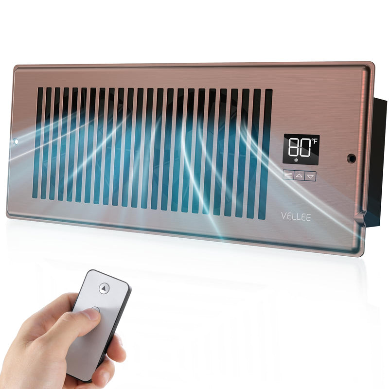 VELLEE Quiet Register Booster Fan Fits 4" x 12" (DUCT OPENING CUTOUT), 10-Speed Smart Heating Cooling AC Vent Booster Fan w/Remote Control & Thermostat Control (Bronze) - Corded Bronze 4" X 12"