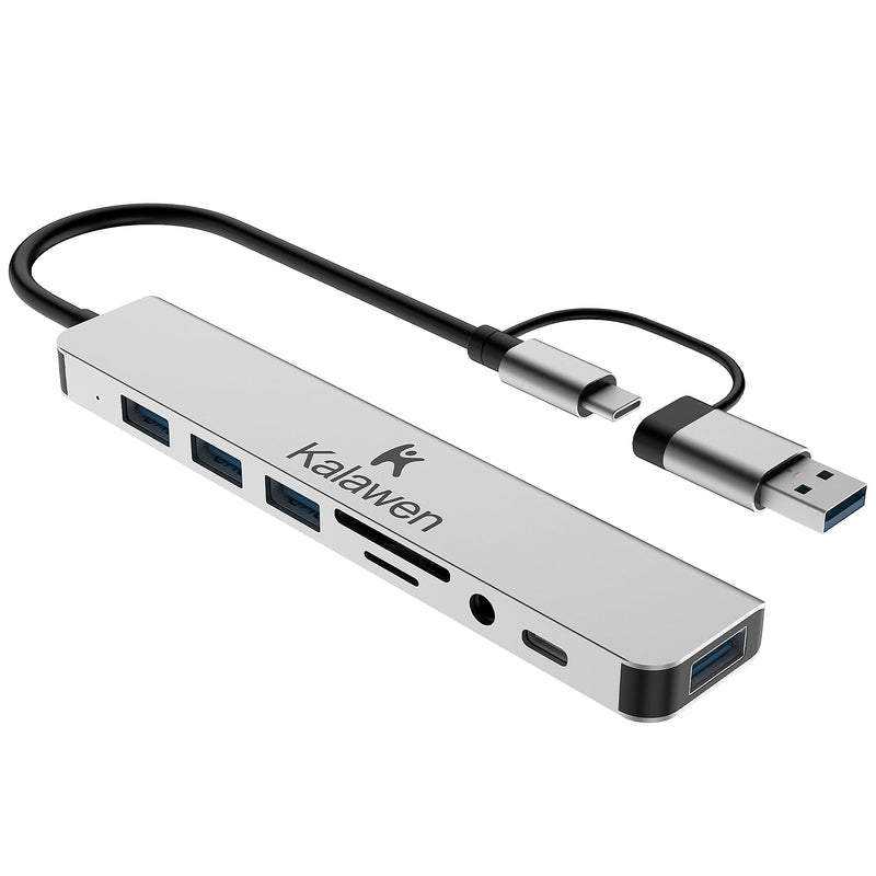 Kalawen USB C Hub USB Hub 3.0, Aluminum 8 in 1 USB Splitter with 1 x USB 3.0, 3 x USB 2.0 and 1 x USB C, SD/TF Card Reader, 3.5mm Aux Ports for MacBook/Pad Pro/Dell/HP Laptop Devices