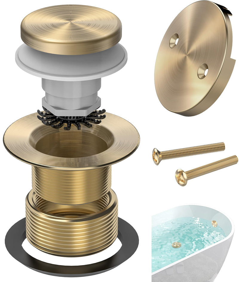 Brushed Gold Tub Drain Kit with Hair Catcher, Premium Brass Tip-Toe Bathroom Tub Drain Replacement and 2-Hole Overflow Faceplate, 11.5/16 UNC Bathtub Drain Stopper Assembly Brushed Gold