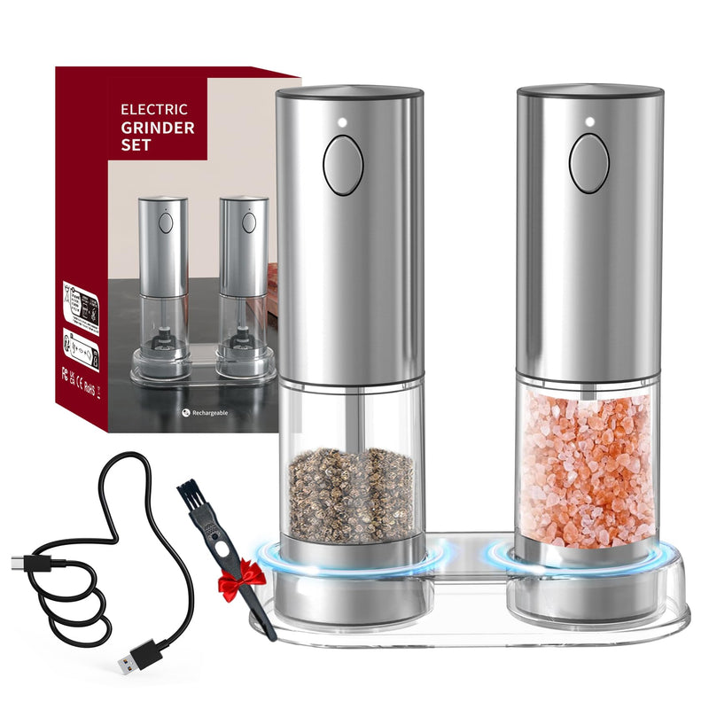 Electric Salt and Pepper Grinder Set, Pepper Mill With Adjustable Coarseness, 95ml Large Silo,Rechargeable Salt Pepper Shakers Steel Body with Ceramic Grinding Head, Brush, Visuable Window Led Light 2
