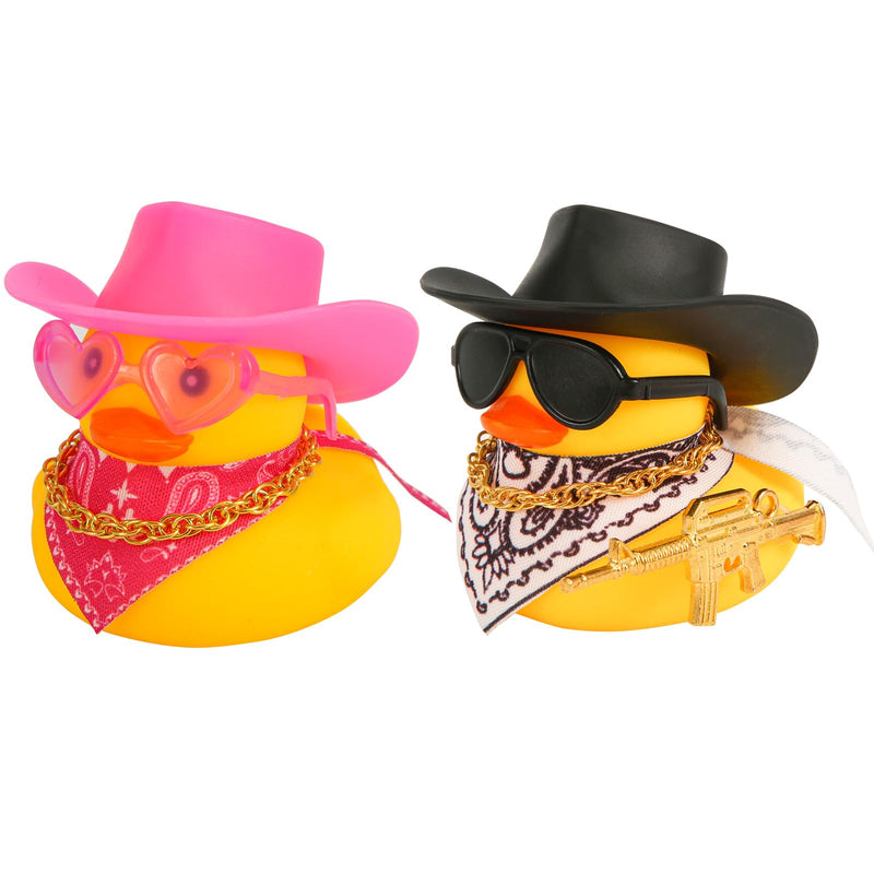 2pcs Rubber Duck Car Ornaments, Funny Rubber Ducks Car Dashboard Decorations Duck Car Accessories with Cowboy Hat Mini Scarf Necklace and Sunglasses for Car Desk Office Decor