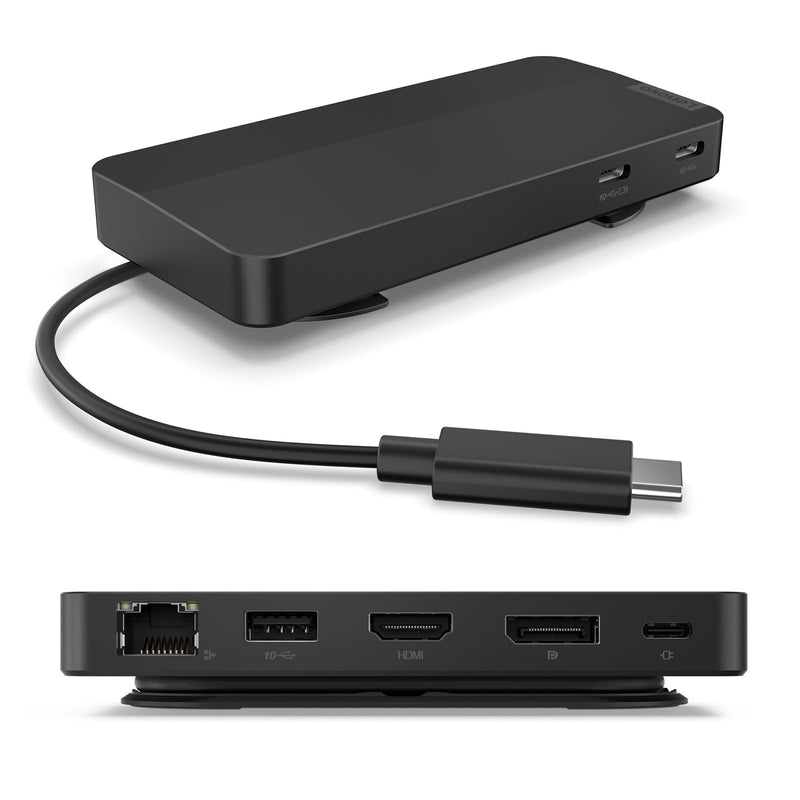 Lenovo USB-C Dual Display Travel Dock - 7 Ports, Integrated Cable, Universal Compatibility, Two displays at 4K - Black USB Dock