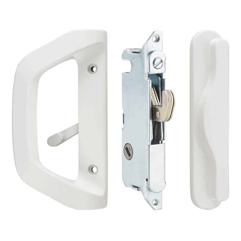 Sliding Glass Door Handle Set and Mortise Lock Silding Door Lock ,Thickness from 1-1/2 inches to 2-4/25 inches,3-15/16” inch Screw Hole Spacing, Reversible Design(Non-Handed)(White, NO-Keyed) White