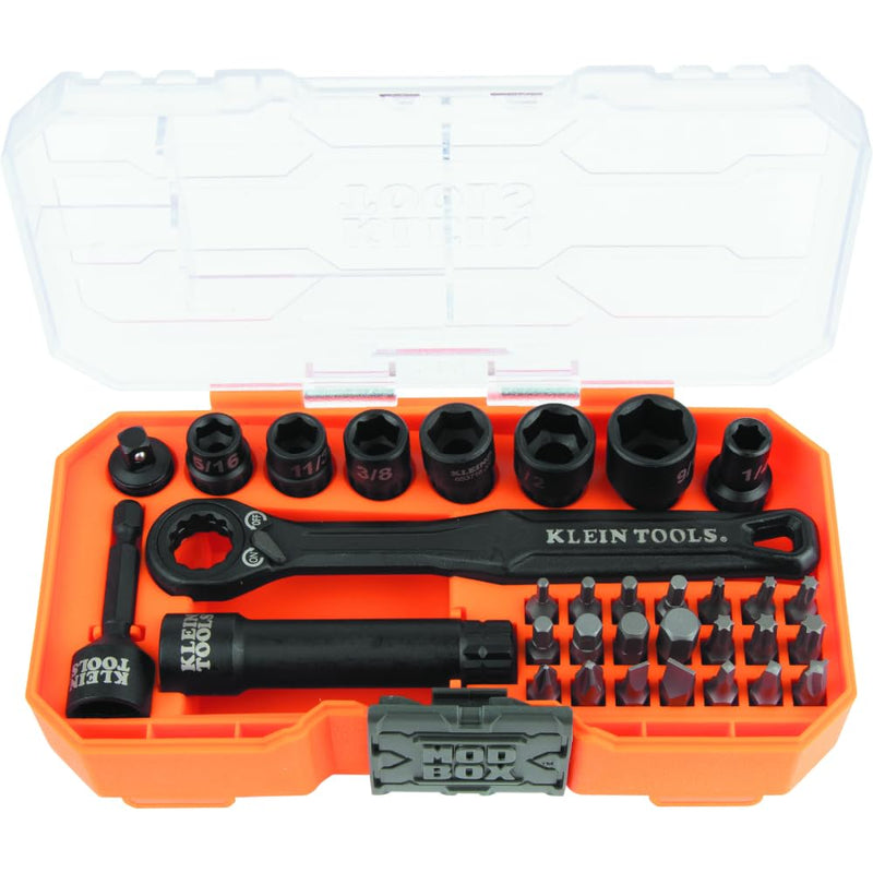 Klein Tools 65300 KNECT 32-Piece Pass Through Socket Set, SAE Impact Socket Set with MODbox Case, 1/4-Inch Drive, Sockets, Bits and Accessories Pass Through Kit