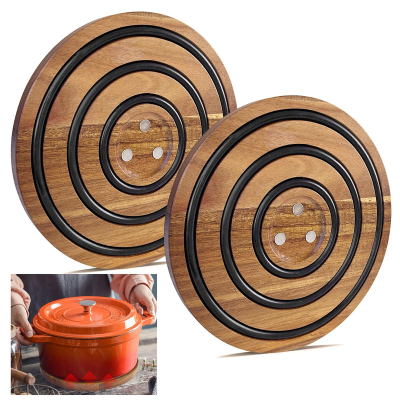 2 PCS Magnetic Wooden Trivets for Hot Pots and Pans, Heat Resistant Acacia Wood Trivet with Cushioning Silicone Strips for Dutch Ovens Hot Dishes Pots Holder, for Mom Grandma 2 PCS