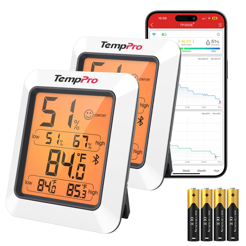 TempPro Hygrometer Thermometer for House, Bluetooth Room Indoor Greenhouse Thermometer Monitor Up to 260FT, Backlit Humidity Meter Temperature Sensor with 2-Year Data Export,2 PS(Previously ThermoPro)