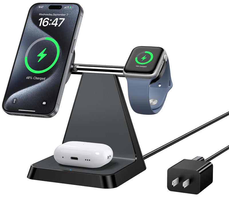 Charging Station for Multiple Devices Apple: Woruda 3 in 1 Magnetic Wireless Charger Stand for Mag Safe iPhone - Nightstand Charging Dock for iPhone 15 14 13 12 Pro Max Plus Apple Watch Airpods Black