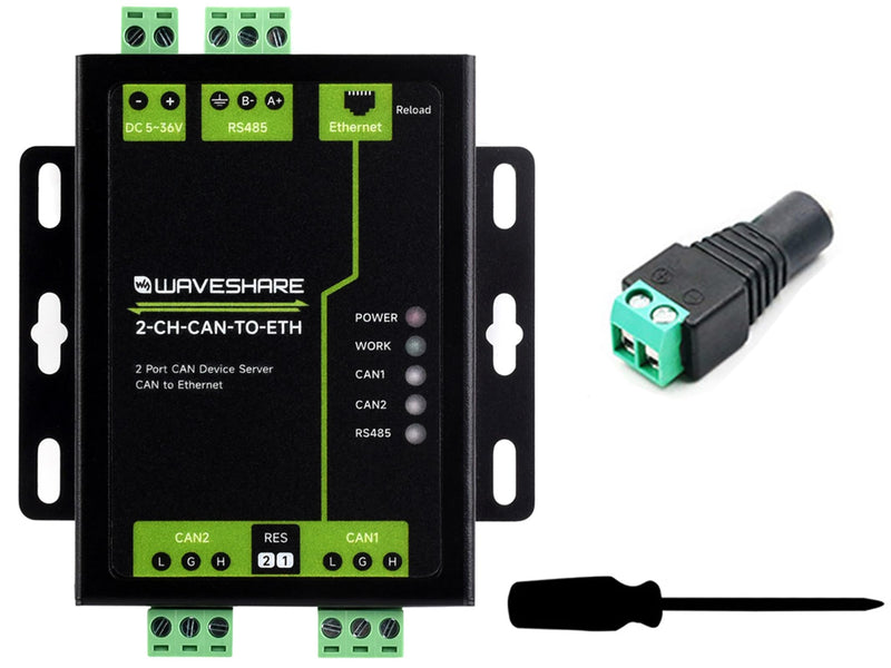 Industrial Grade 2-Ch CAN to Ethernet Server, 2-Ch CAN + RS485 + Ethernet Port, Supports Can to ETH and RS485, CAN Repeater, Dual Socket Aluminium Alloy Case, Wall-Mount Support