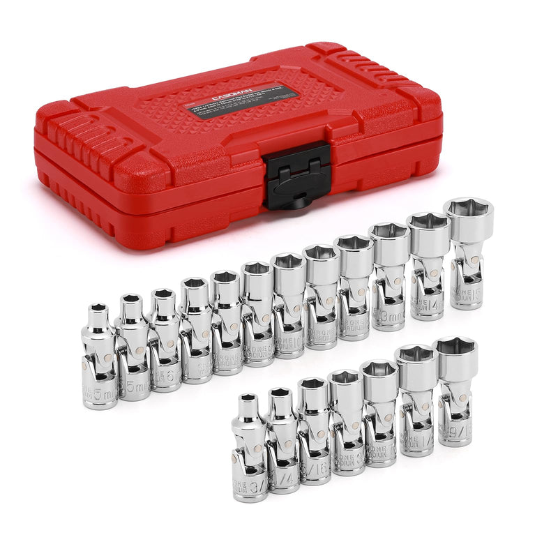 CASOMAN 19PCS 1/4" Drive Universal Joint Socket Set, Metric(5mm to 15mm) & SAE(3/16" to 9/16"), Flexible Wobble Sockets for Easier Access to Tight Spaces, 6-Point, Cr-V 1/4"Dr. Metric & SAE