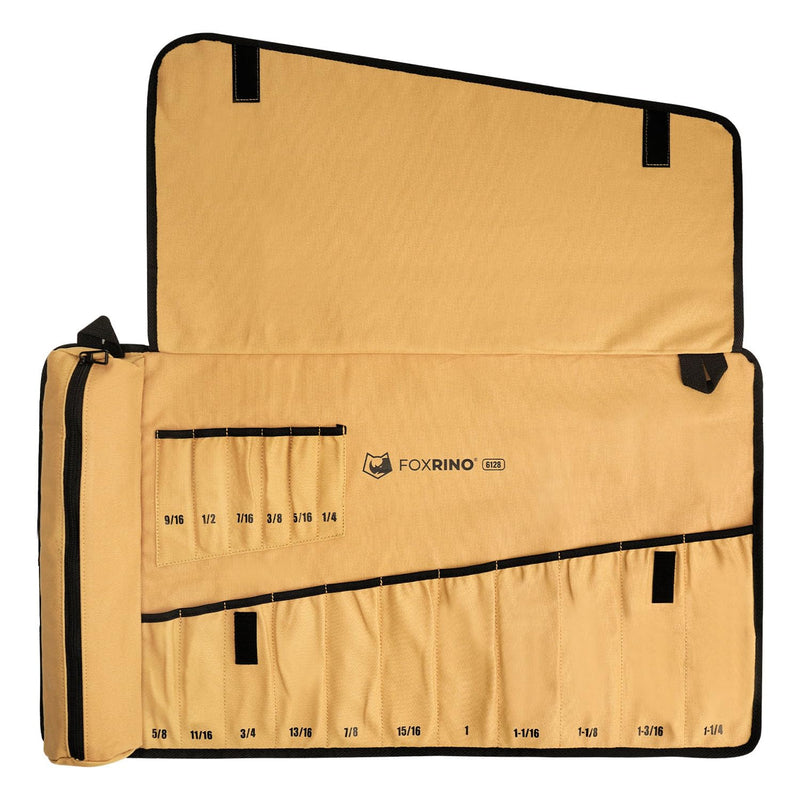 Foxrino Wrench Roll, Wrench Roll Up Pouch, 17-Pocket Heavy Duty Canvas Wrench Organizer Bag for Metric Combination Wrenches, Portable Tool Roll Bag, Gifts for Men for Fathers Day(Brown, 17+1 SAE) Brown