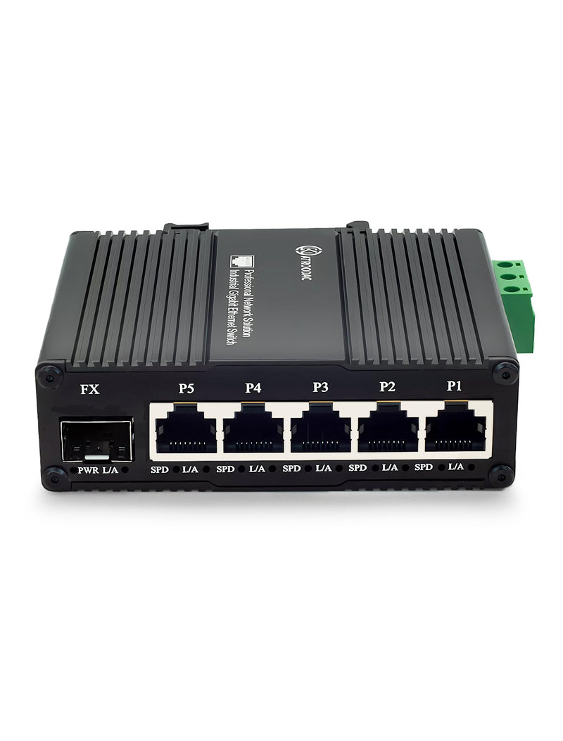 Mini AC Power Supply 5 Port Gigabit Switch with SFP Slot Din Rail Fanless Industrial Unmanaged Ethernet Switch 5*1000Mbps RJ45 Port +1G SFP Fiber Port Support Network Switch AC 85~250V Input AC Power 5-Port Switch