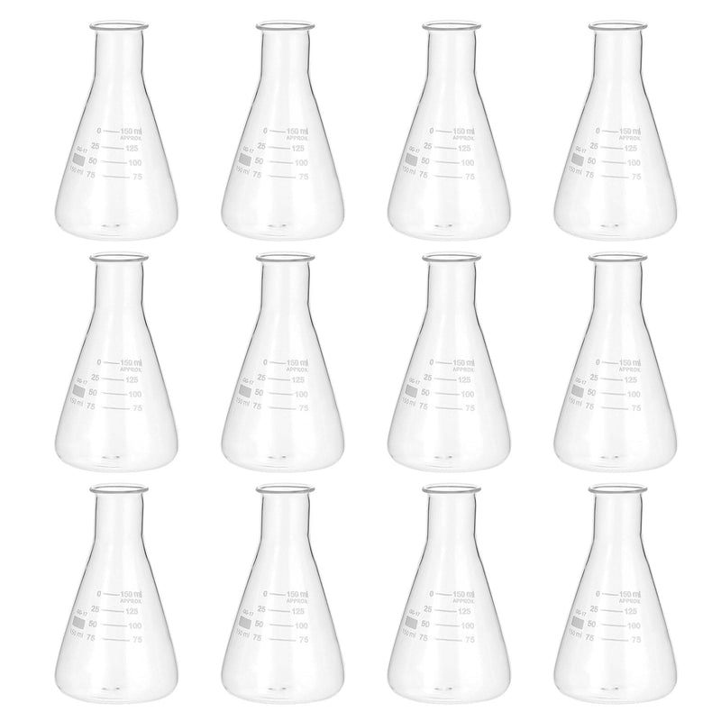 PATIKIL Erlenmeyer Flask, 12 Pcs 150ml 5.1oz Narrow Mouth Graduated Flasks Borosilicate Glass with Printed Graduation for Lab Experiment Chemistry Science Study 150ml/4.95oz